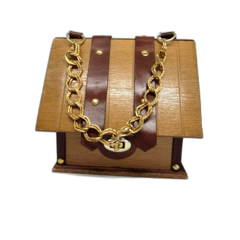 Vintage box purse wooden chest gold tone chain handle by Mister Ernest 6x6x4.5